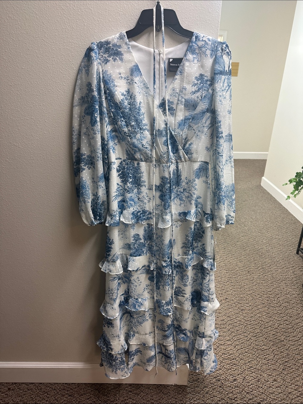 Maison Tara Blue and White Floral Tiered Midi Dress